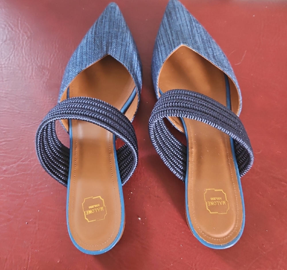 Malone Souliers Blue Mules with Crossed Strap Design